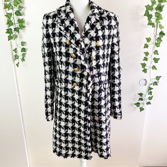 NWT Zara black and white houndstooth tweed coat size medium - Picture 3 of 7